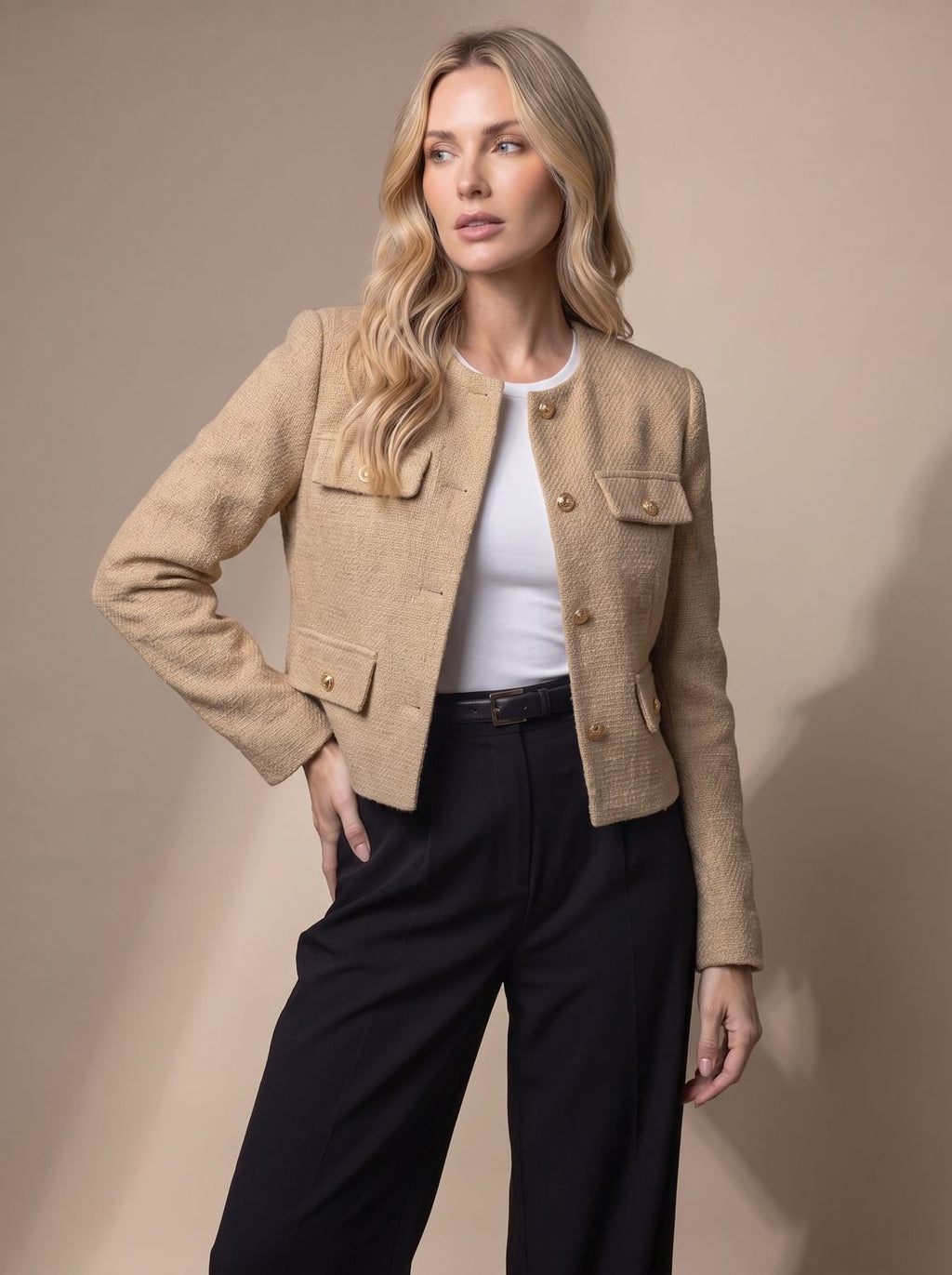 Women's Collarless Waist-Length Tweed Tailored Jacket