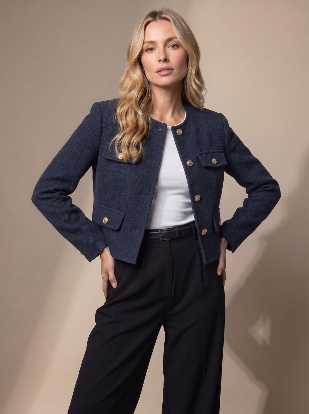 Women's Collarless Waist-Length Tweed Tailored Jacket