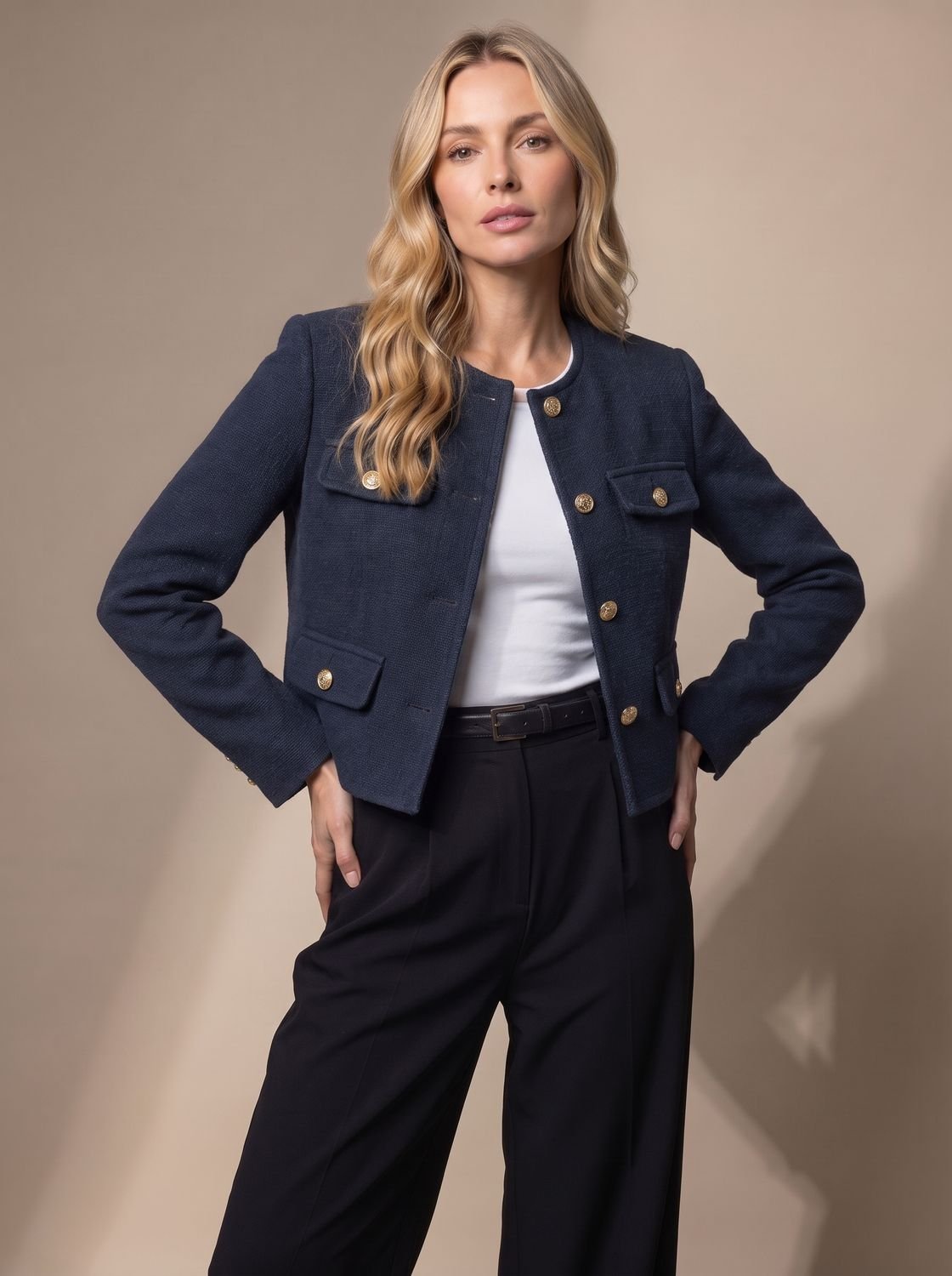 Women's Collarless Waist-Length Tweed Tailored Jacket