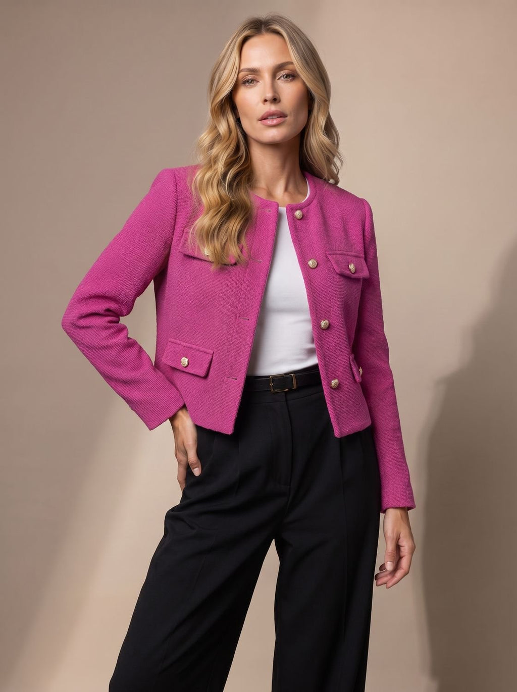 Women's Collarless Waist-Length Tweed Tailored Jacket