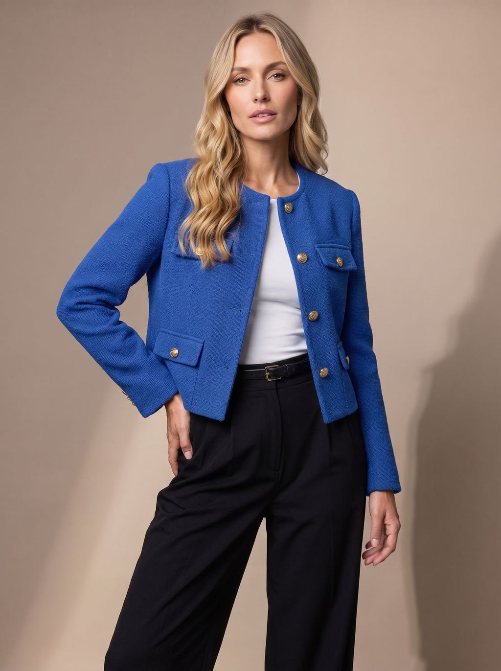 Women's Collarless Waist-Length Tweed Tailored Jacket