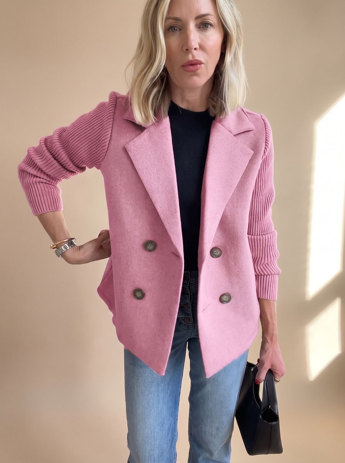 Women's Tailored Double-Breasted Blazer with Ribbed Sleeves