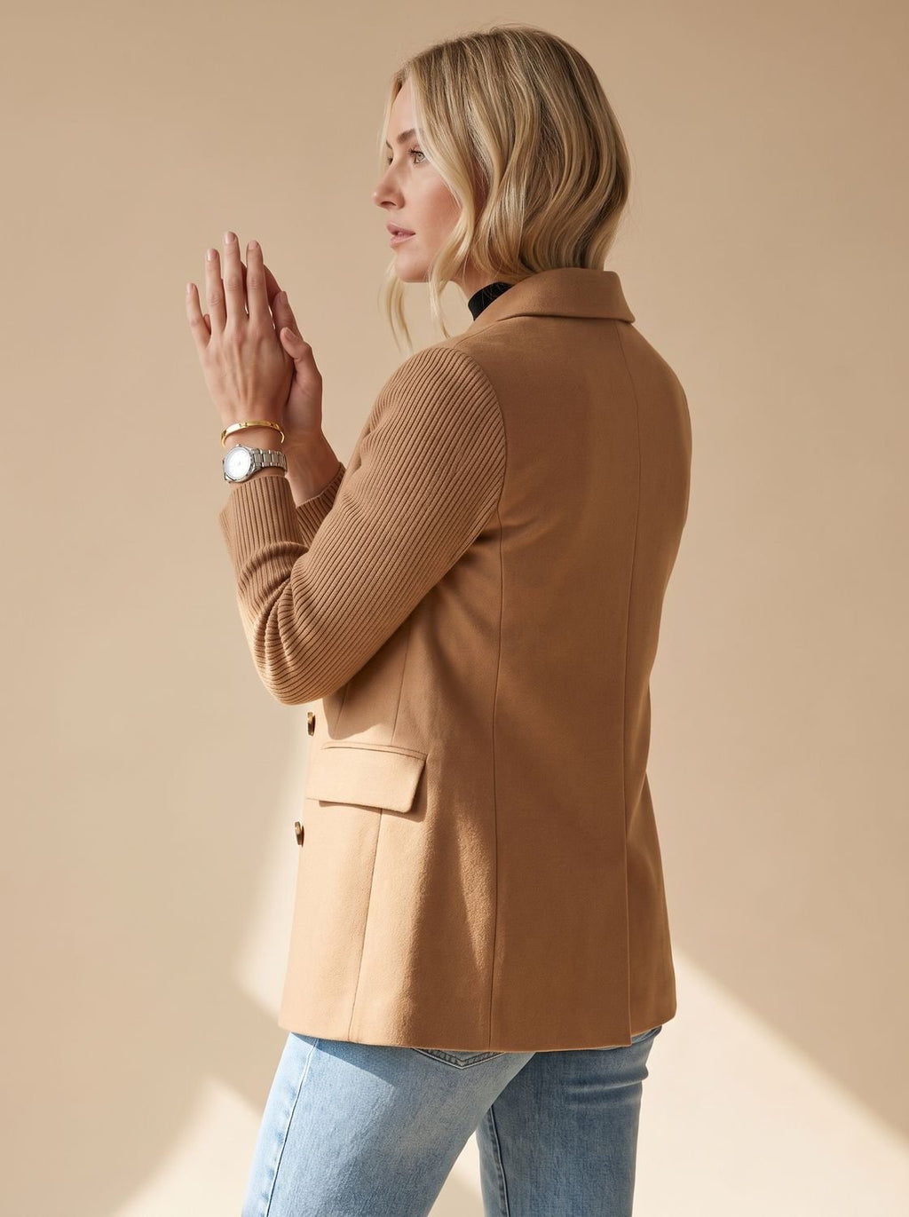 Women's Tailored Double-Breasted Blazer with Ribbed Sleeves