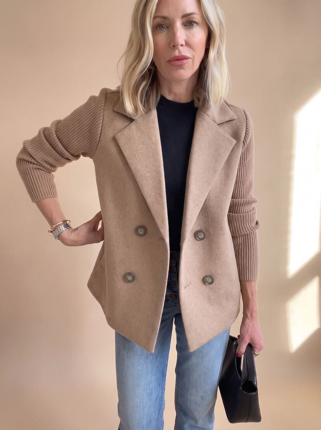 Women's Tailored Double-Breasted Blazer with Ribbed Sleeves