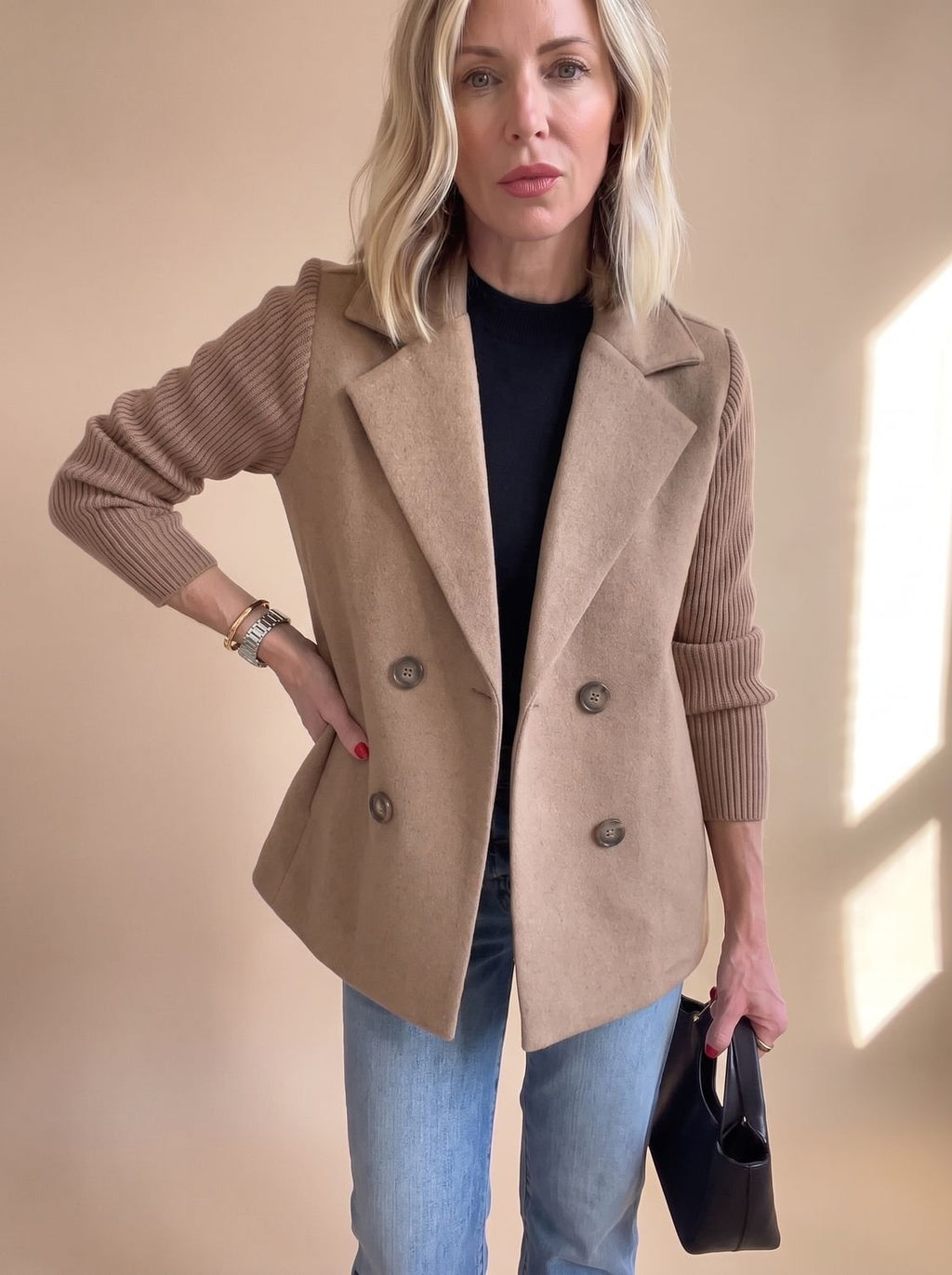 Women's Tailored Double-Breasted Blazer with Ribbed Sleeves