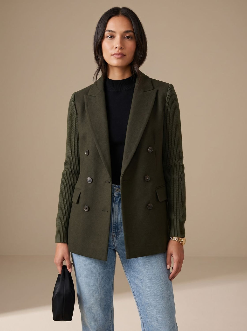 Women's Tailored Double-Breasted Blazer with Ribbed Sleeves