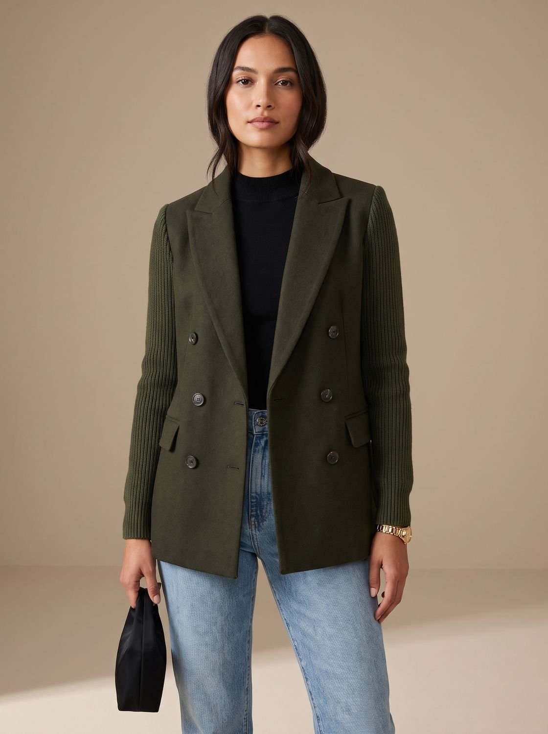 Women's Tailored Double-Breasted Blazer with Ribbed Sleeves