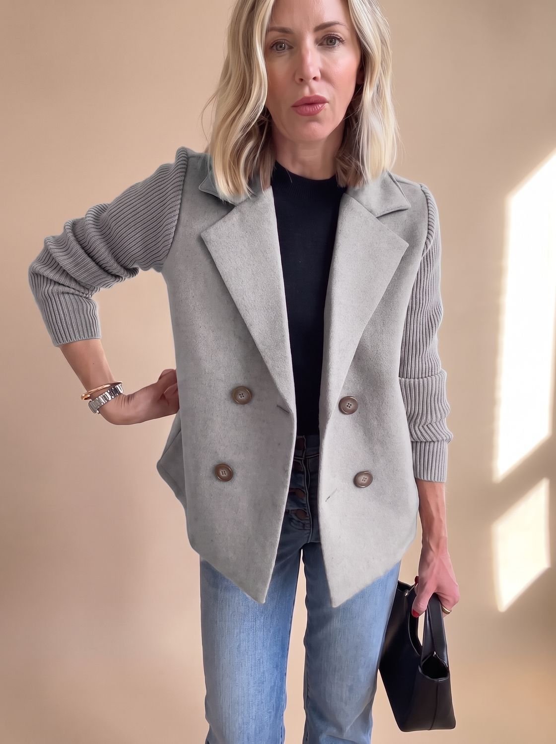 Women's Tailored Double-Breasted Blazer with Ribbed Sleeves