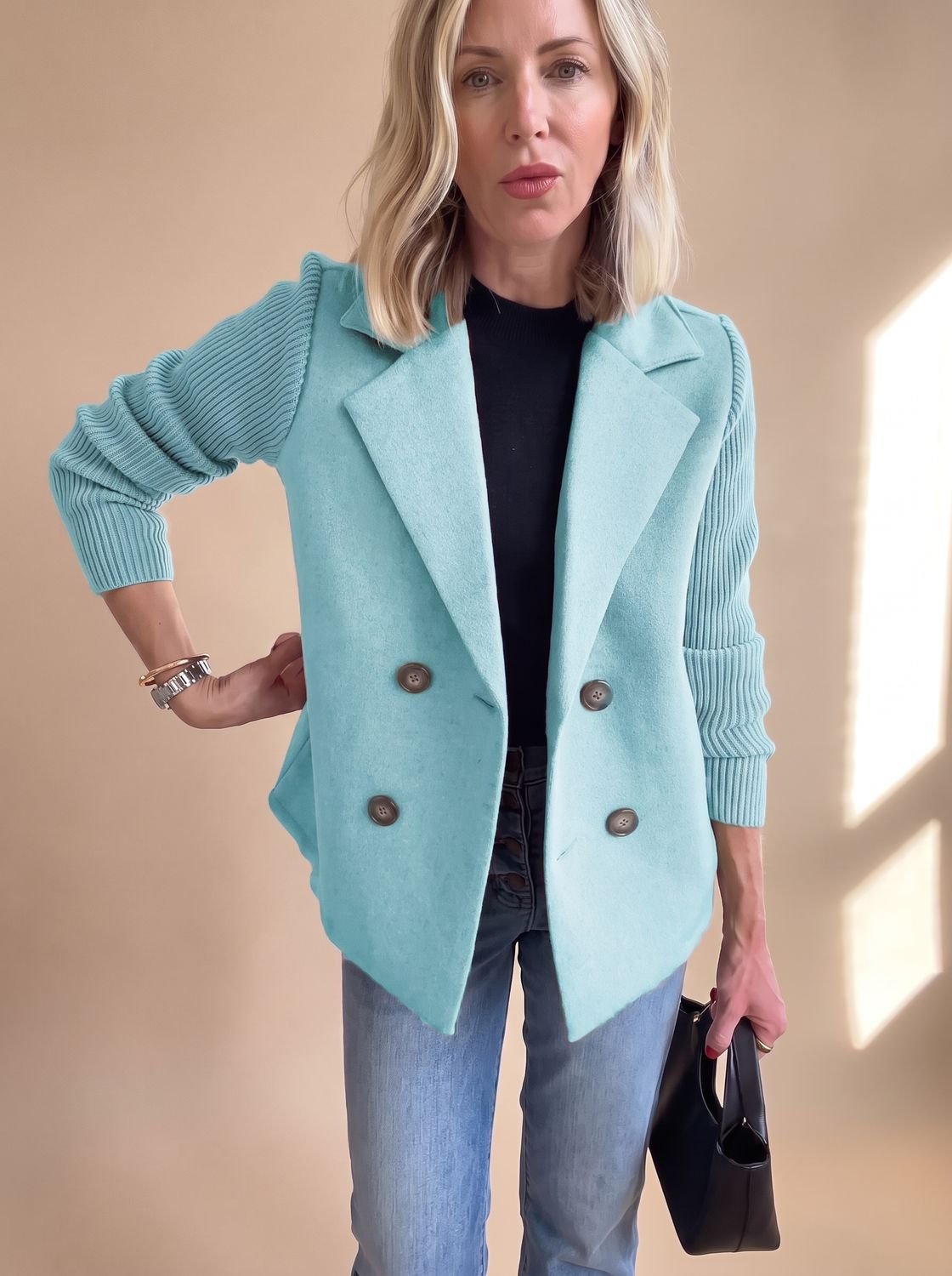 Women's Tailored Double-Breasted Blazer with Ribbed Sleeves