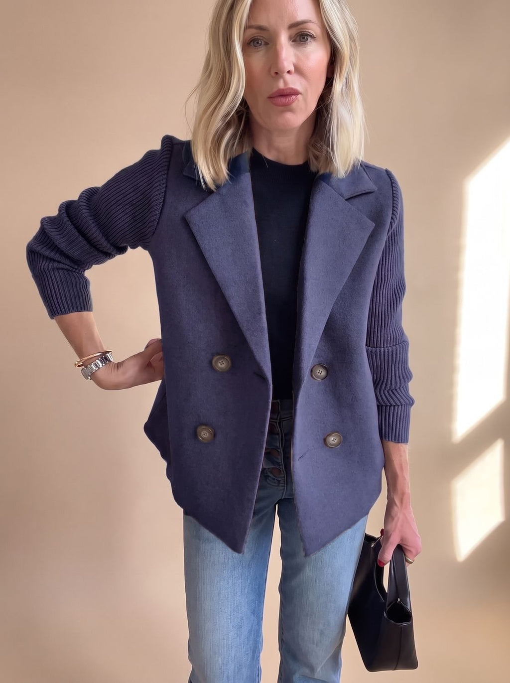 Women's Tailored Double-Breasted Blazer with Ribbed Sleeves
