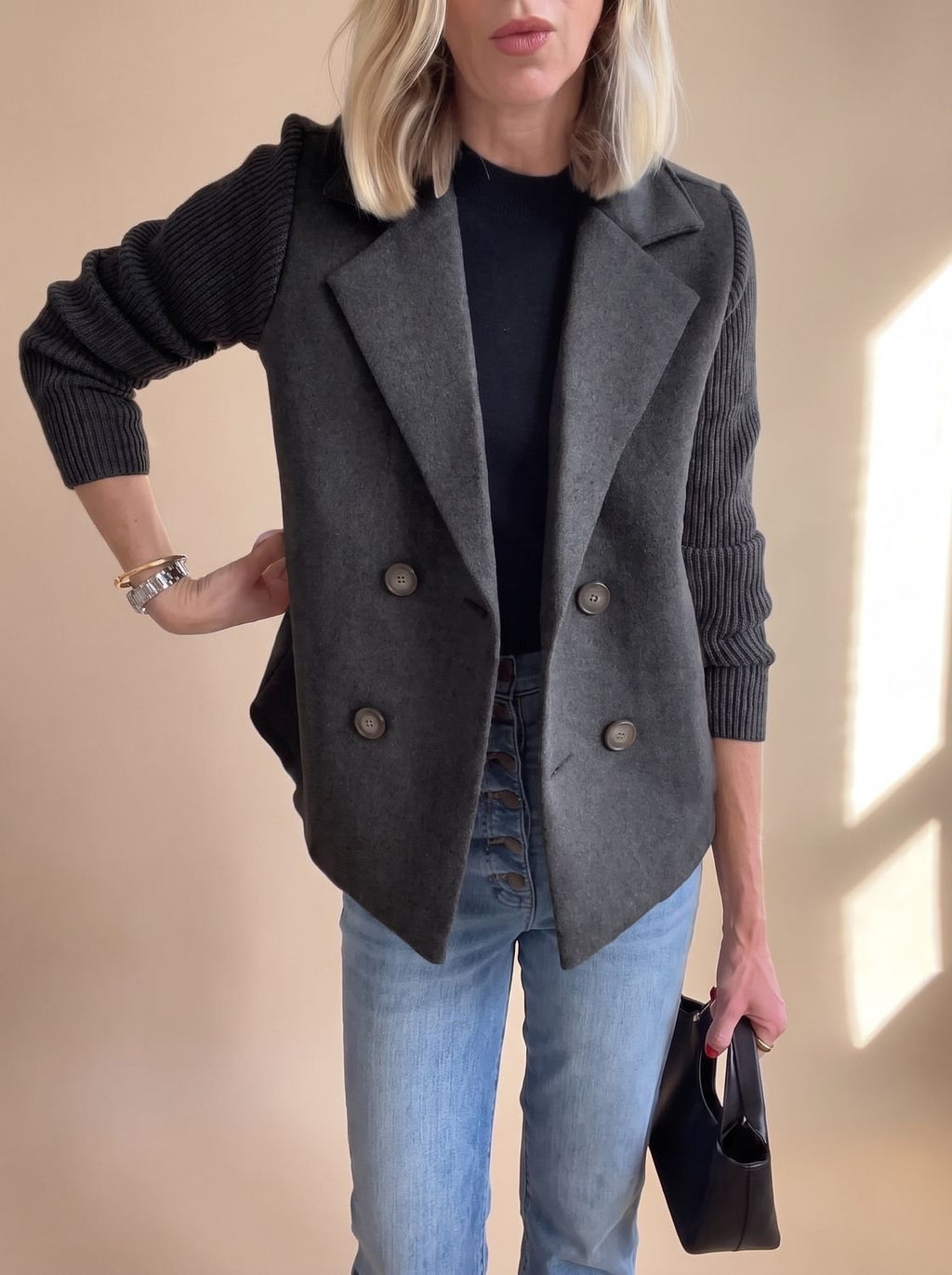 Women's Tailored Double-Breasted Blazer with Ribbed Sleeves