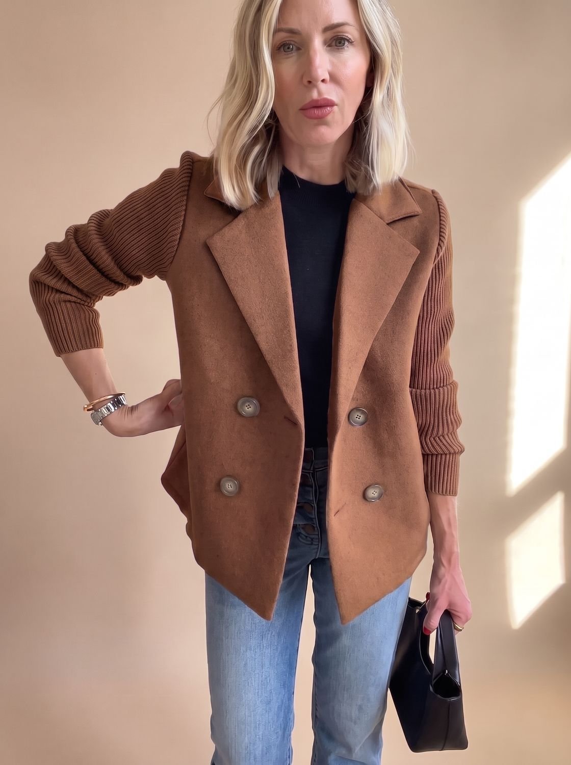 Women's Tailored Double-Breasted Blazer with Ribbed Sleeves