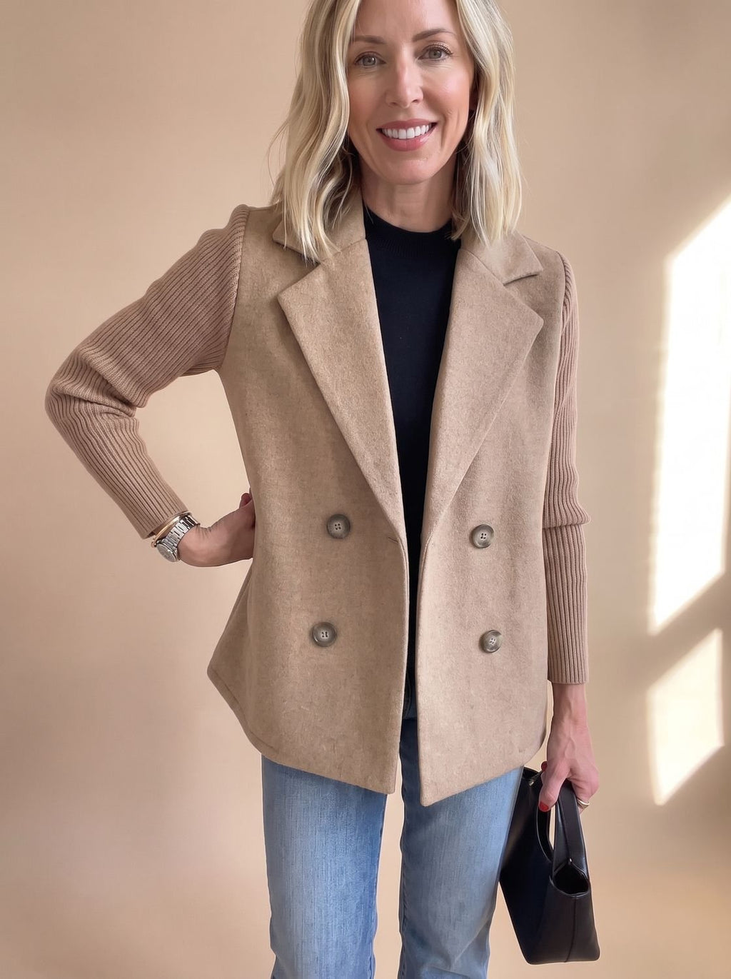 Women's Tailored Double-Breasted Blazer with Ribbed Sleeves