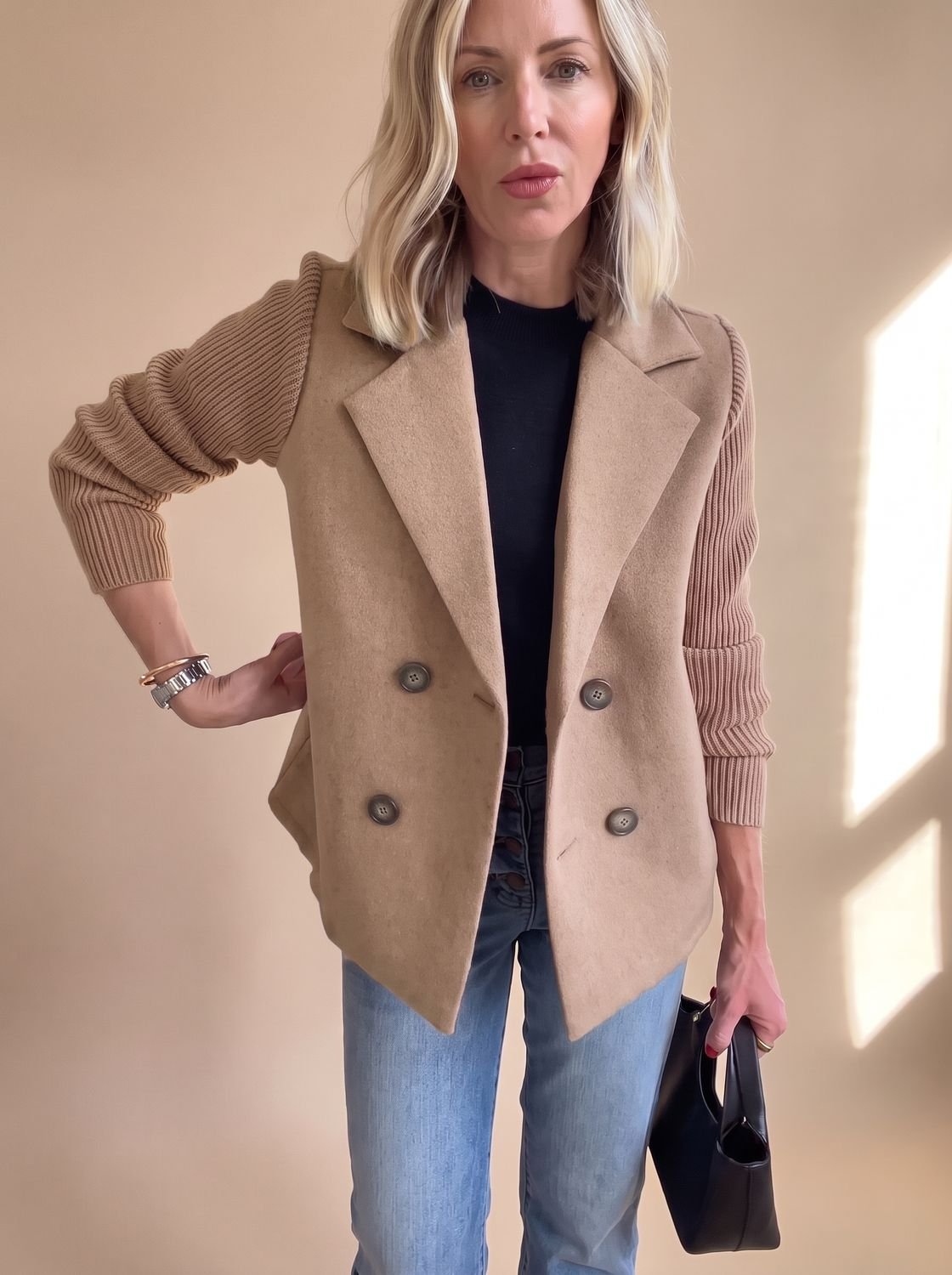 Women's Tailored Double-Breasted Blazer with Ribbed Sleeves