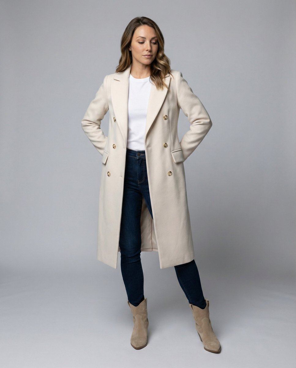 Women's Midi Length Double-Breasted Long Sleeve Topcoat