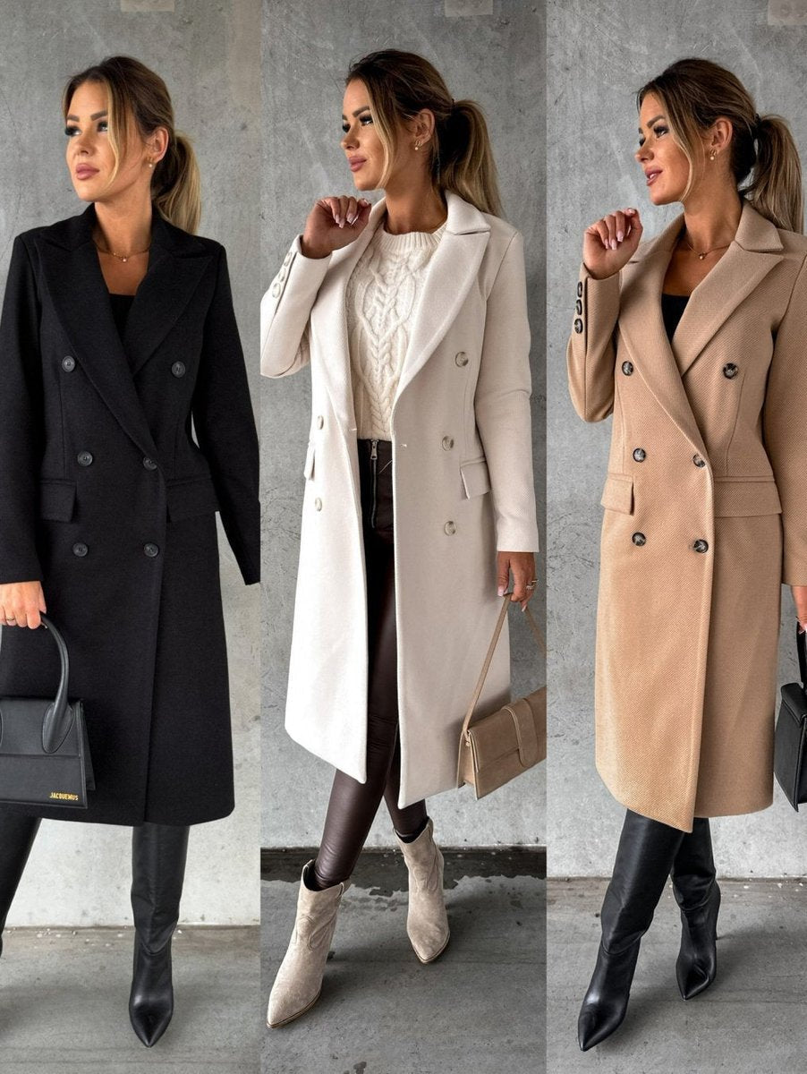 Women's Midi Length Double-Breasted Long Sleeve Topcoat