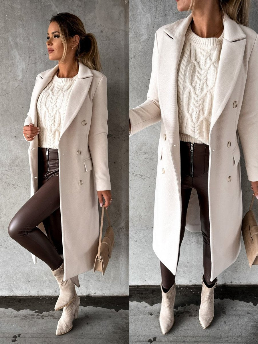 Women's Midi Length Double-Breasted Long Sleeve Topcoat
