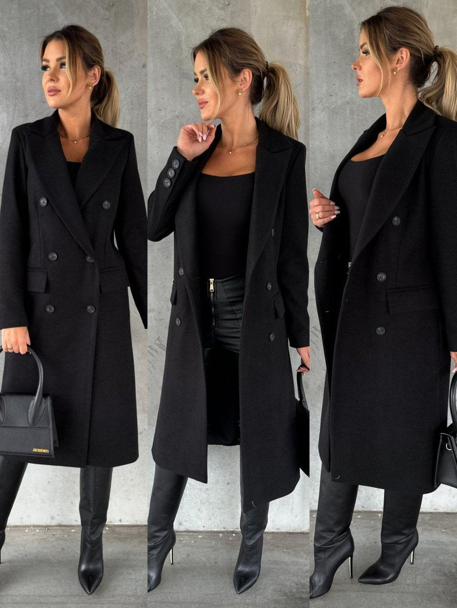 Women's Midi Length Double-Breasted Long Sleeve Topcoat
