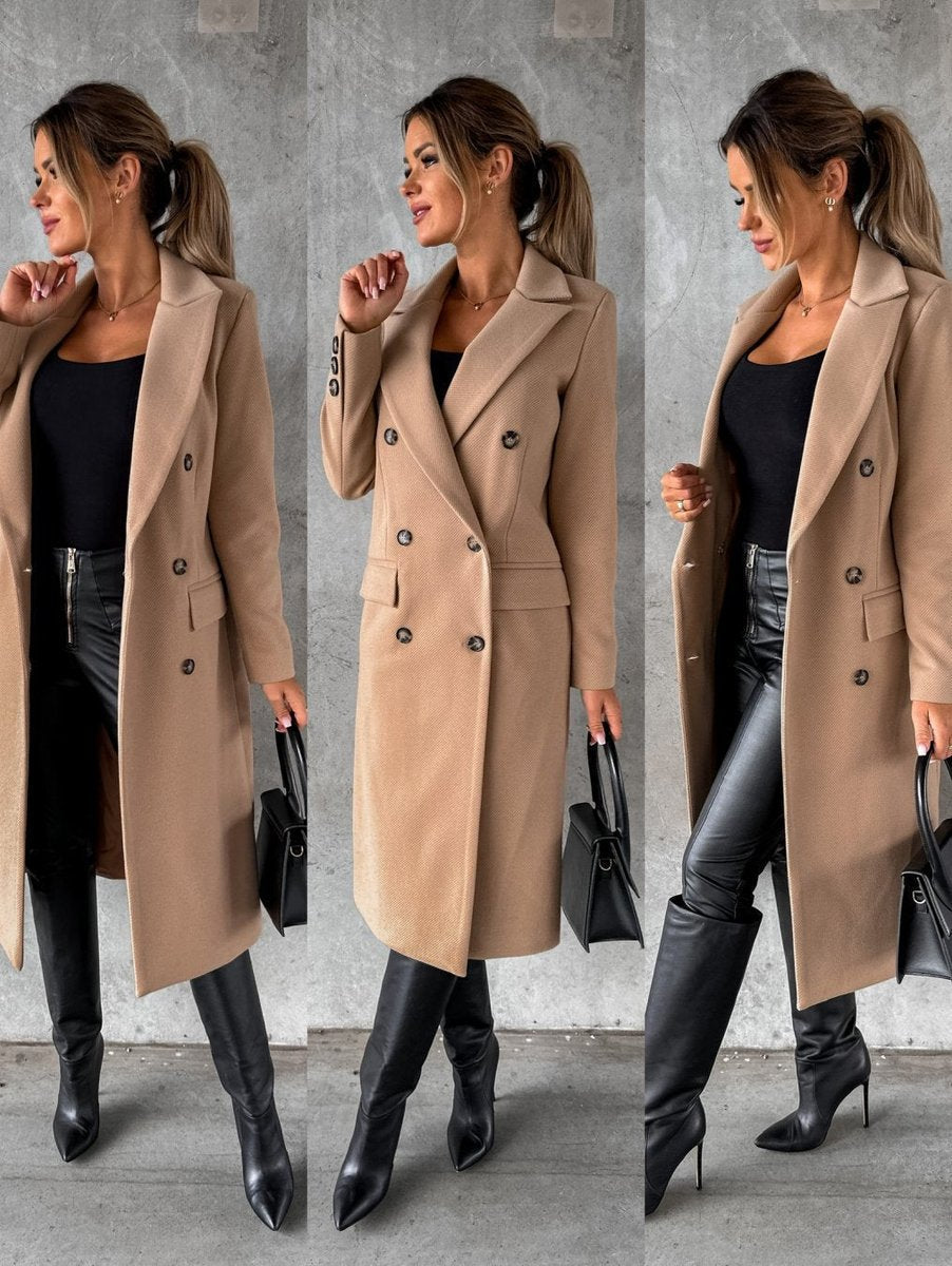 Women's Midi Length Double-Breasted Long Sleeve Topcoat