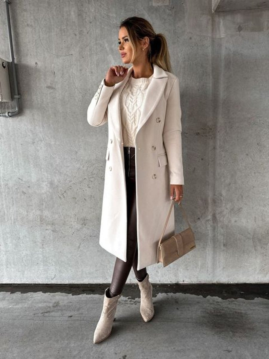 Women's Midi Length Double-Breasted Long Sleeve Topcoat