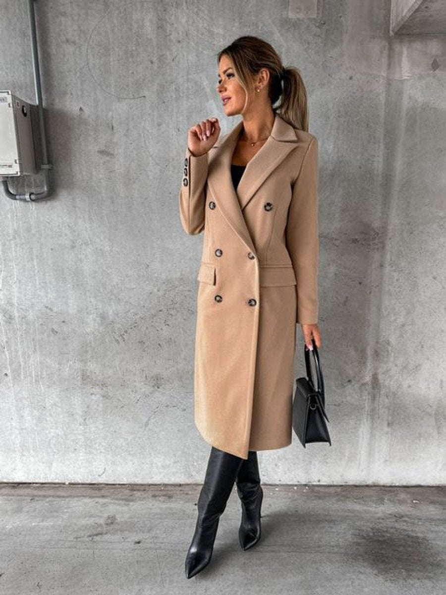Women's Midi Length Double-Breasted Long Sleeve Topcoat