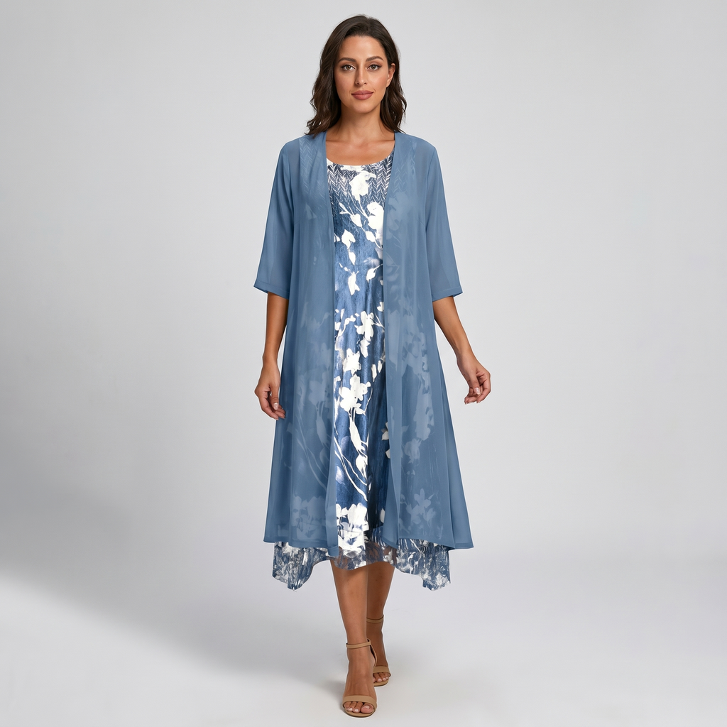 Women's Layered Midi Dress with Matching Cardigan and Floral Print