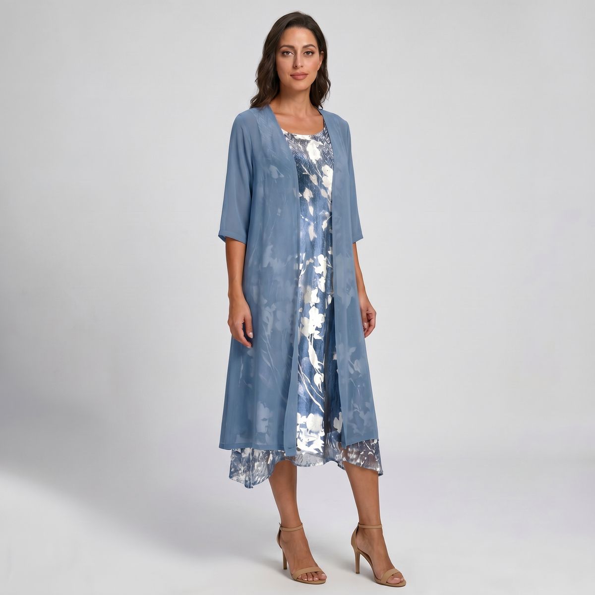 Women's Layered Midi Dress with Matching Cardigan and Floral Print