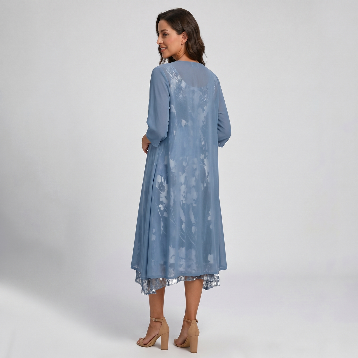 Women's Layered Midi Dress with Matching Cardigan and Floral Print