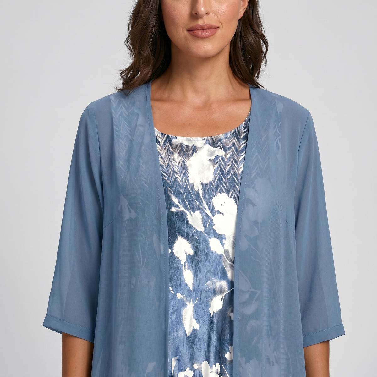 Women's Layered Midi Dress with Matching Cardigan and Floral Print