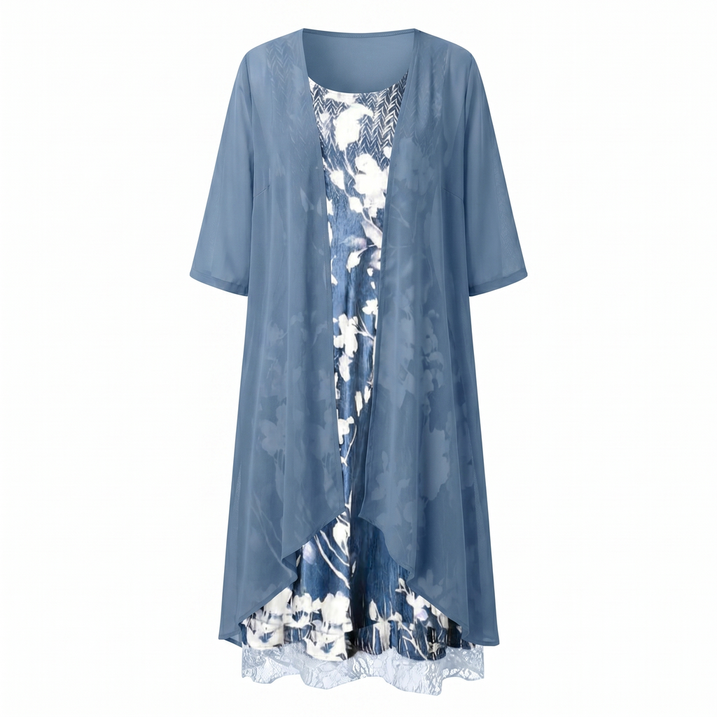 Women's Layered Midi Dress with Matching Cardigan and Floral Print
