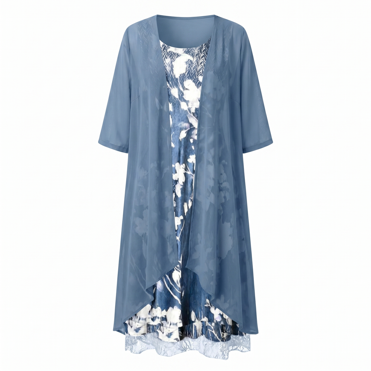 Women's Layered Midi Dress with Matching Cardigan and Floral Print