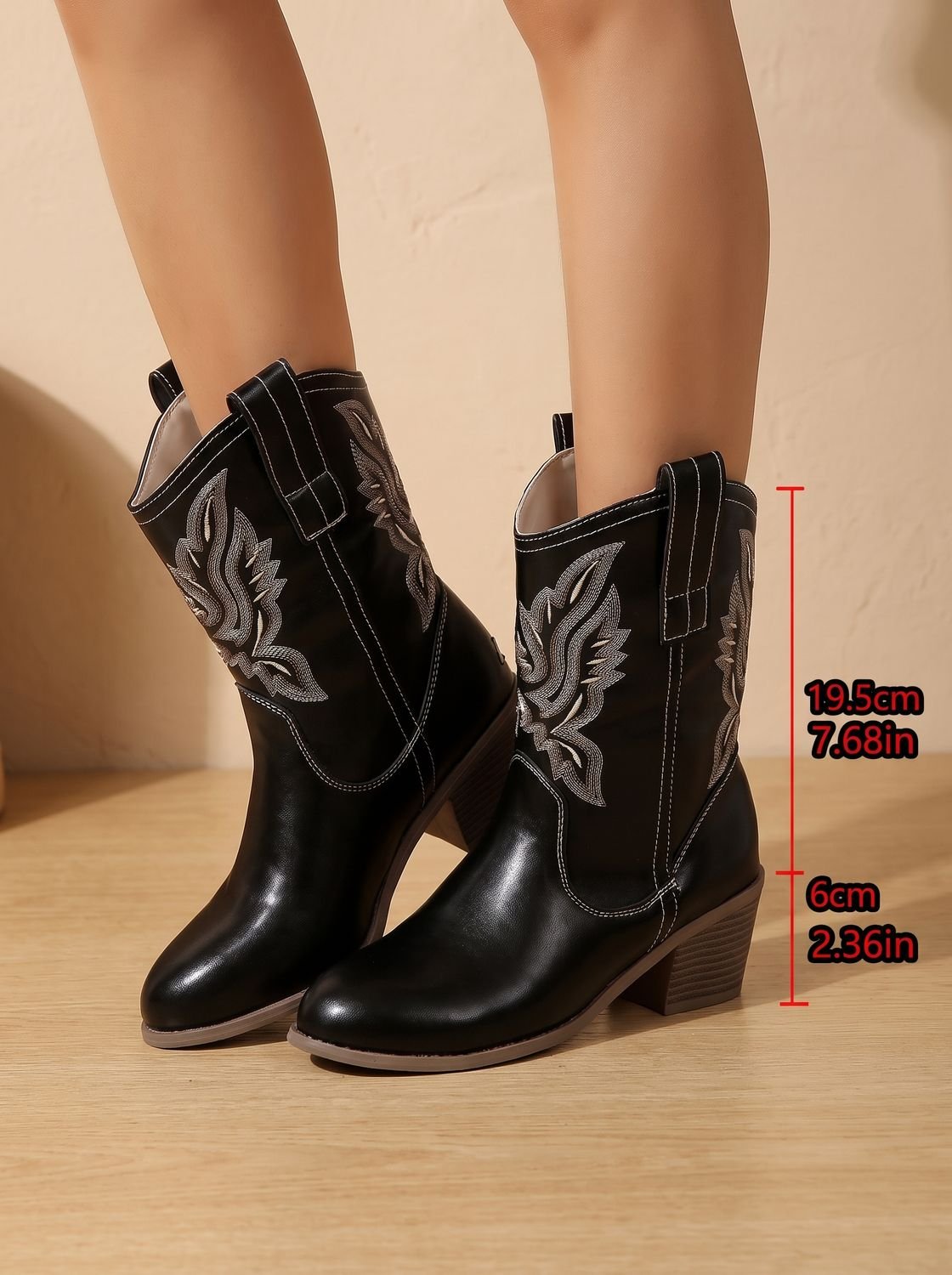 Women's Mid-Calf Western Embroidered Cowgirl Boots with Loops
