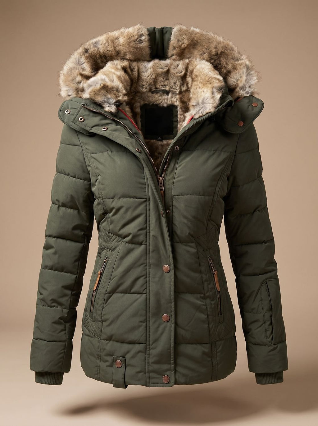 Women's Cinched Waist Quilted Padded Coat with Fur Hood