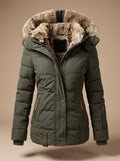 Women's Cinched Waist Quilted Padded Coat with Fur Hood