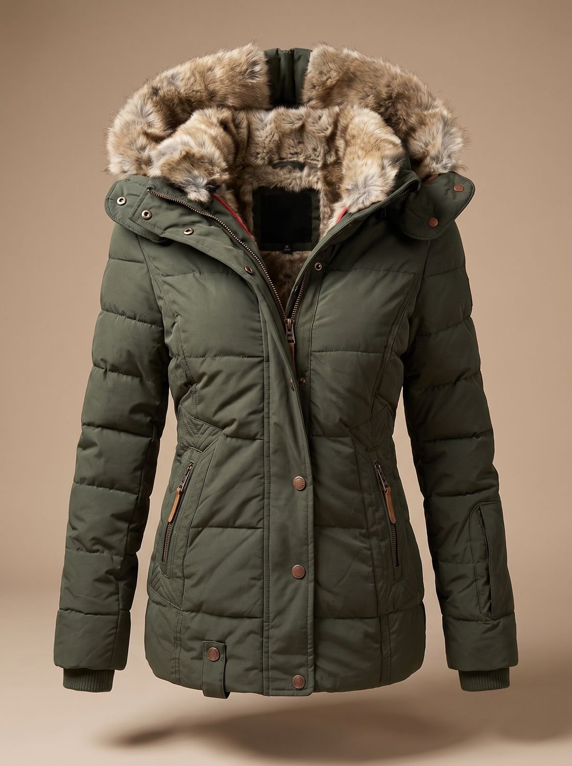 Women's Cinched Waist Quilted Padded Coat with Fur Hood