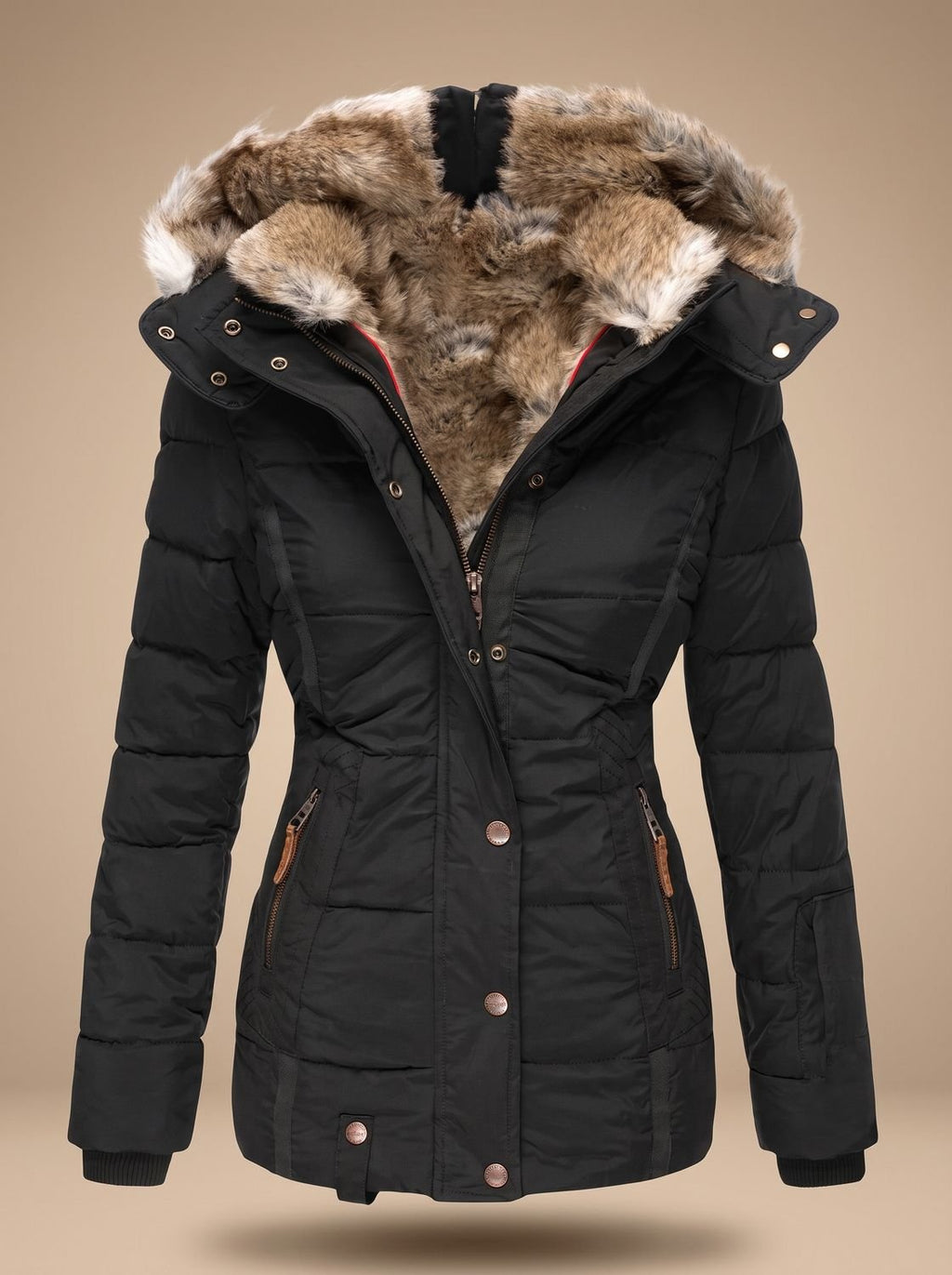 Women's Cinched Waist Quilted Padded Coat with Fur Hood