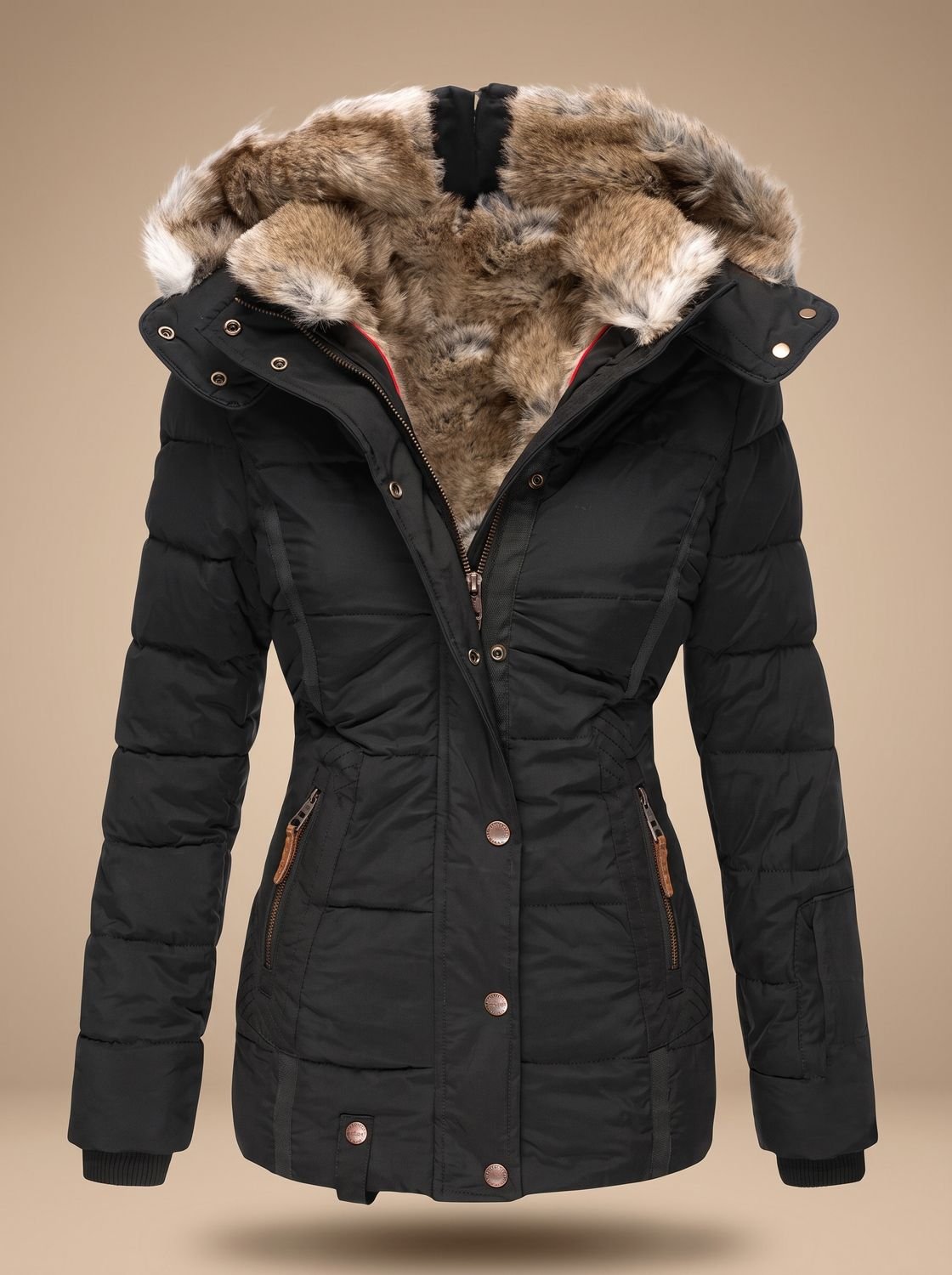 Women's Cinched Waist Quilted Padded Coat with Fur Hood