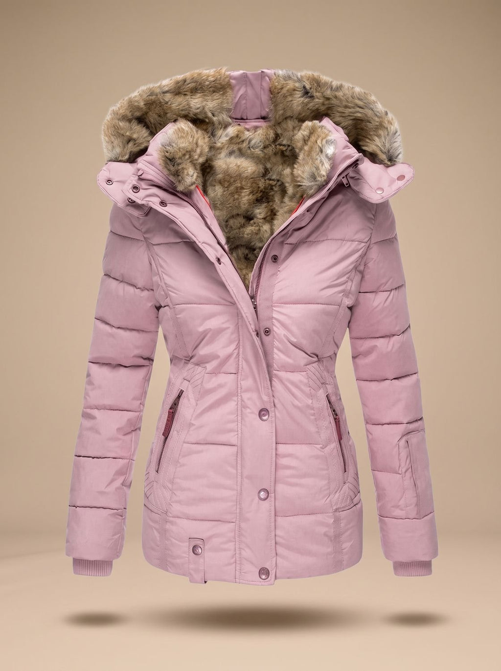 Women's Cinched Waist Quilted Padded Coat with Fur Hood