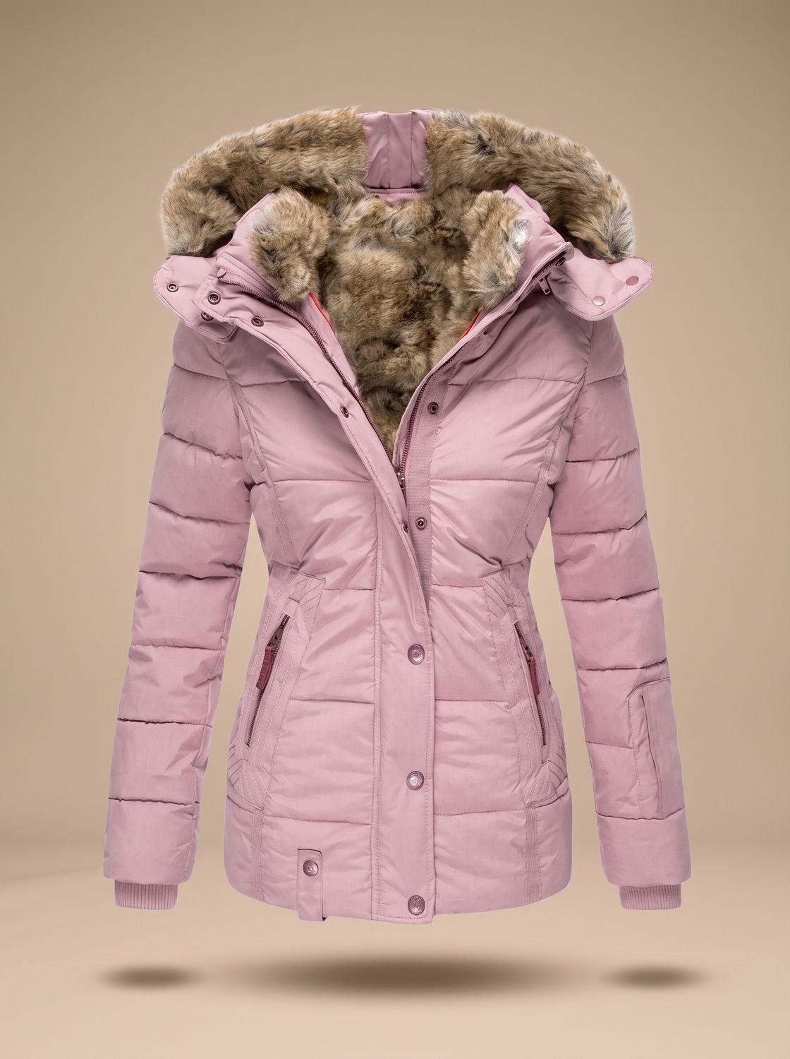 Women's Cinched Waist Quilted Padded Coat with Fur Hood