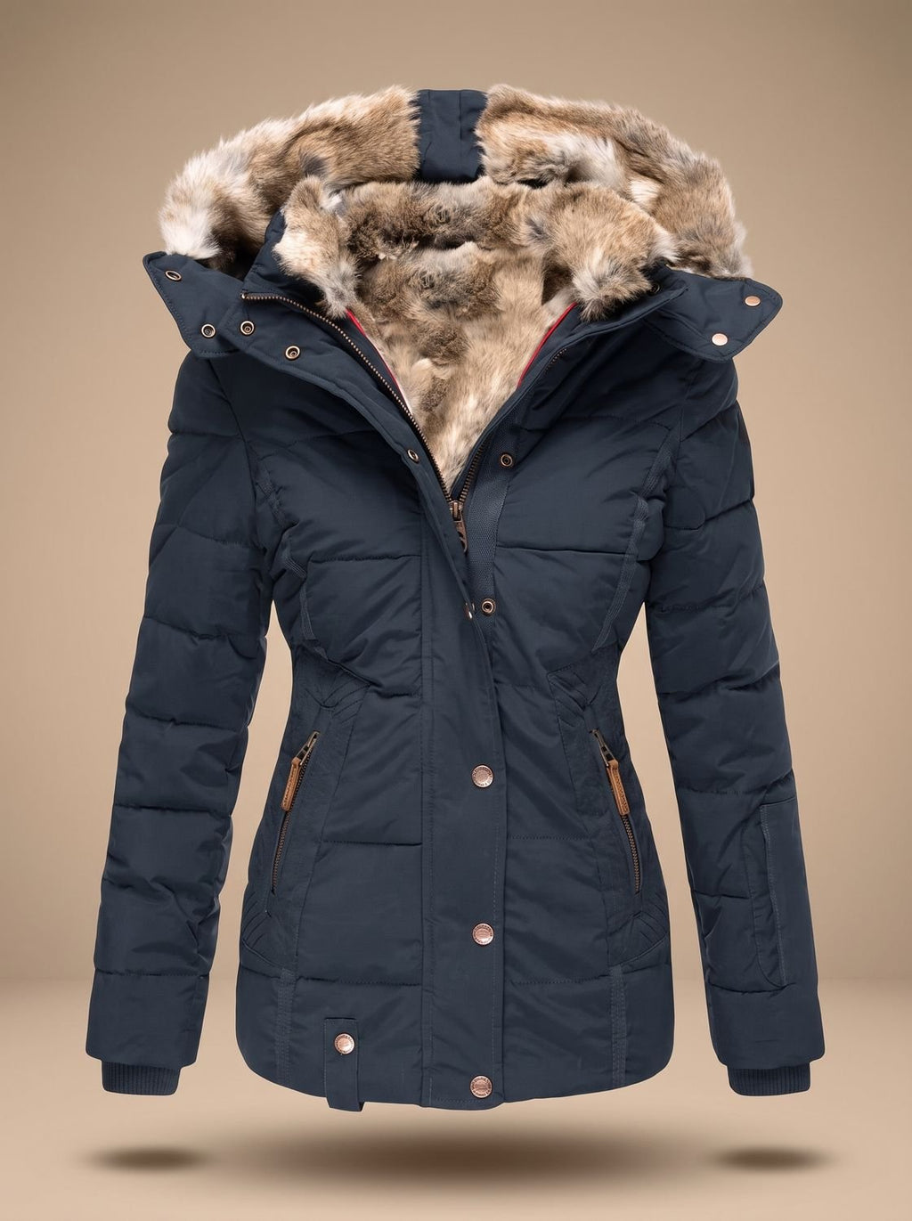 Women's Cinched Waist Quilted Padded Coat with Fur Hood
