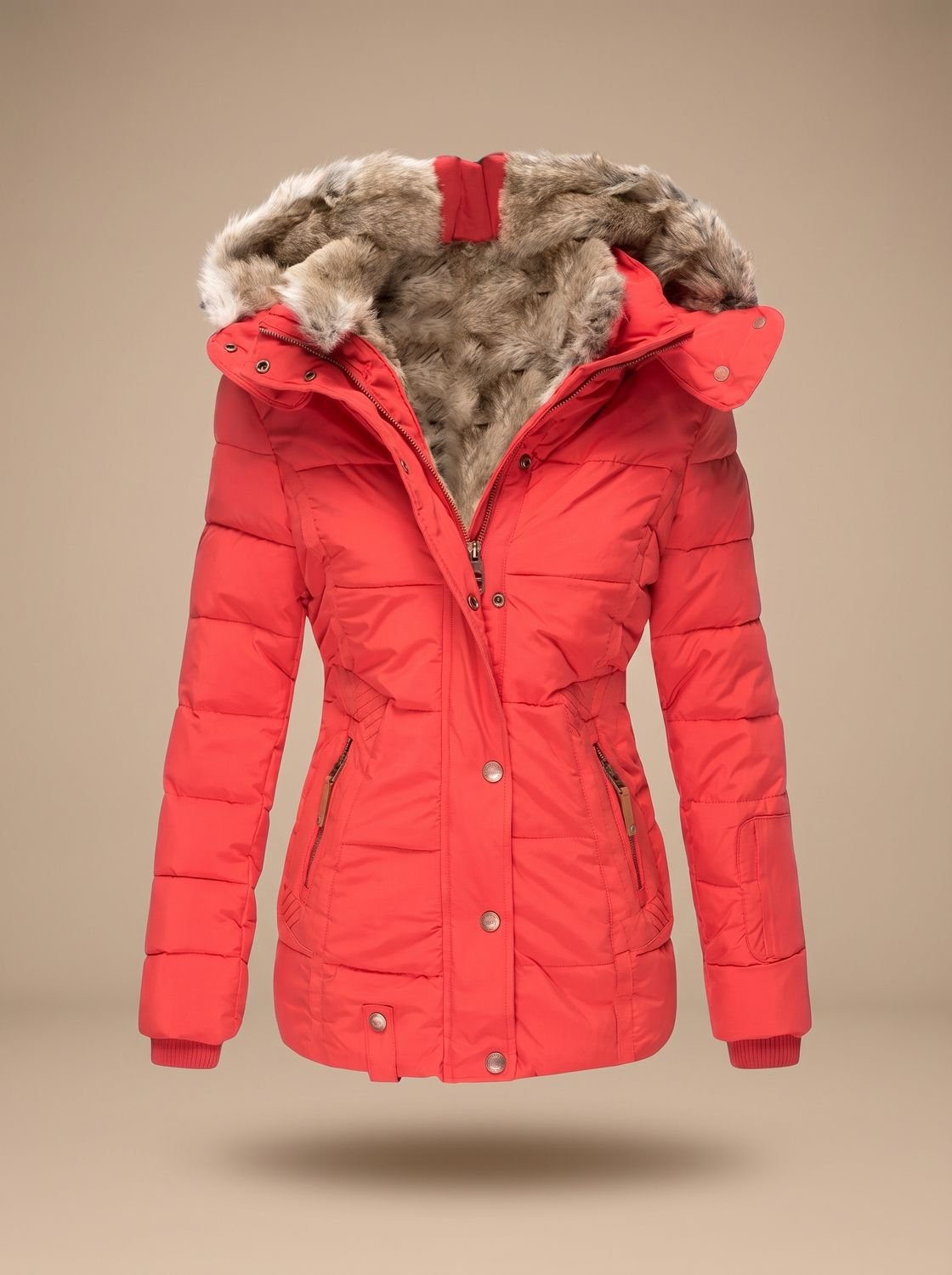 Women's Cinched Waist Quilted Padded Coat with Fur Hood
