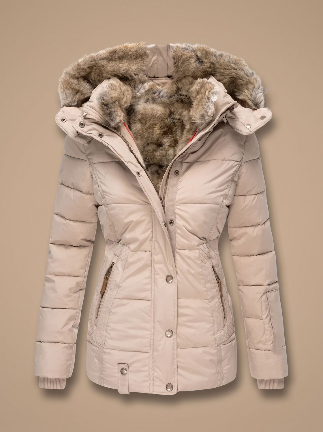 Women's Cinched Waist Quilted Padded Coat with Fur Hood