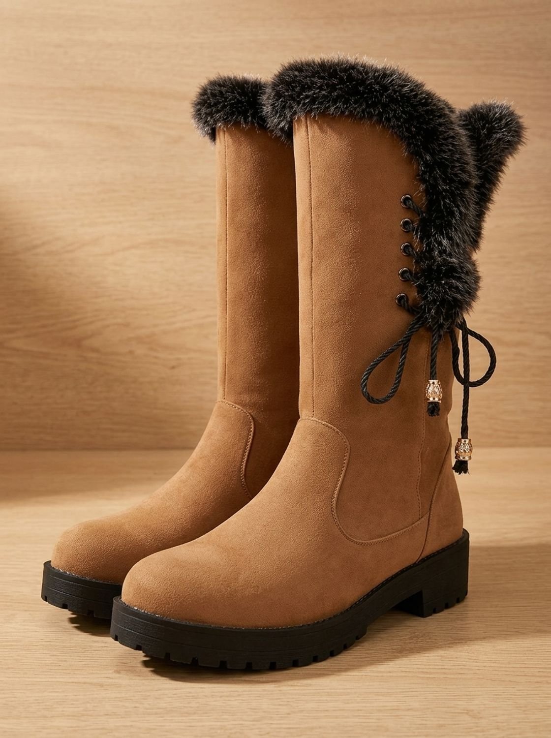Women's Knee-High Snow Boots with Faux Fur Collar