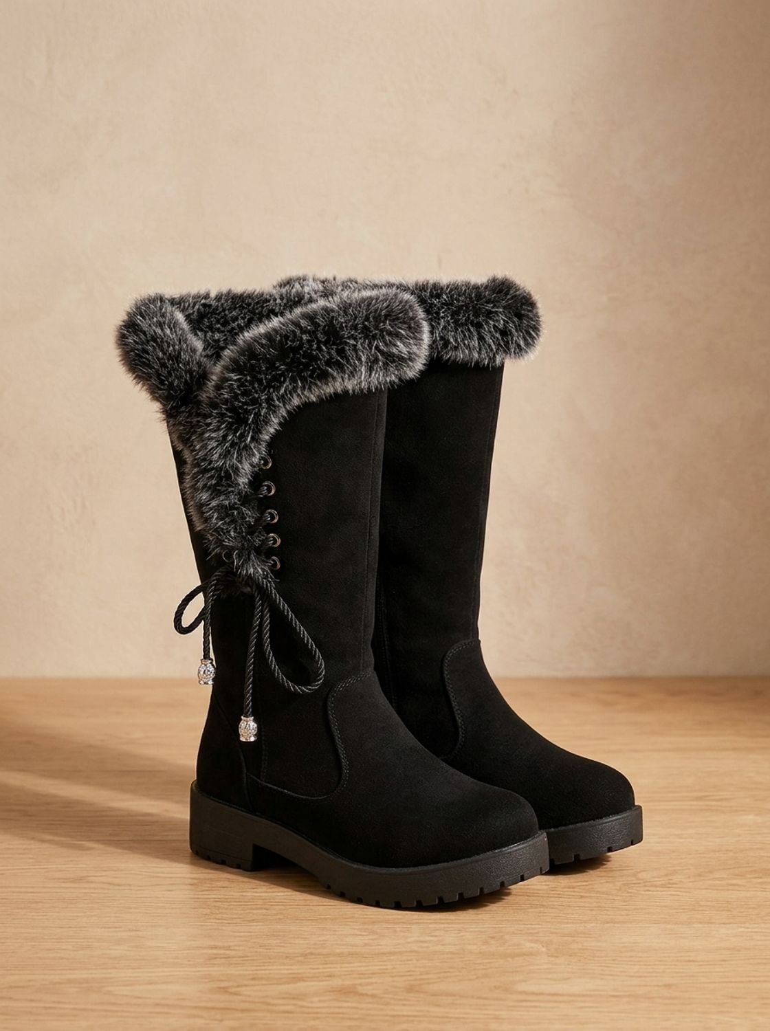 Women's Knee-High Snow Boots with Faux Fur Collar