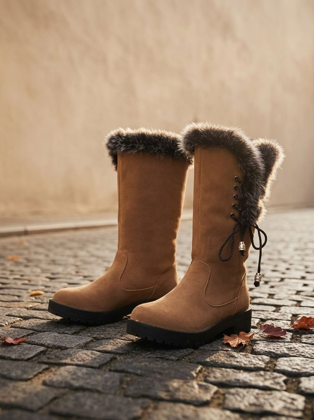 Women's Knee-High Snow Boots with Faux Fur Collar