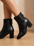 Women's Pointed Toe Faux Leather Ankle Booties with Block Heel