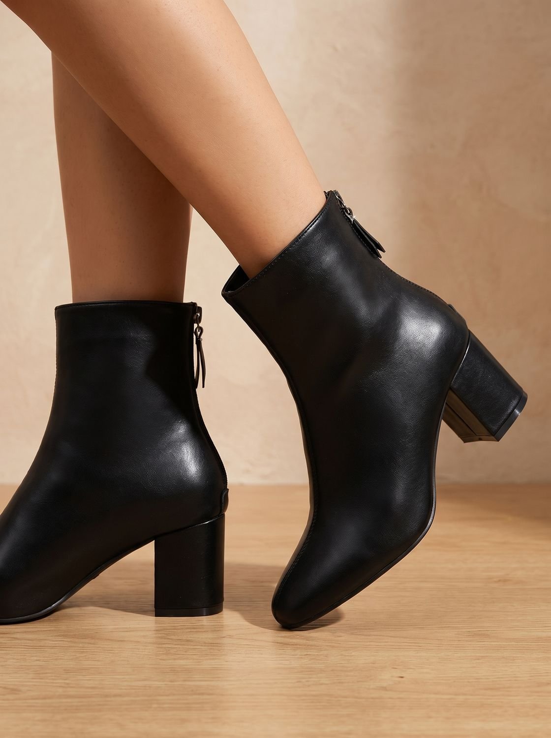 Women's Pointed Toe Faux Leather Ankle Booties with Block Heel