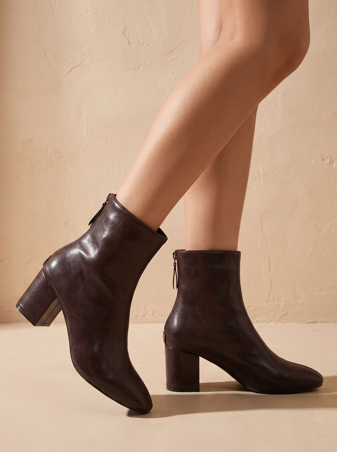 Women's Pointed Toe Faux Leather Ankle Booties with Block Heel