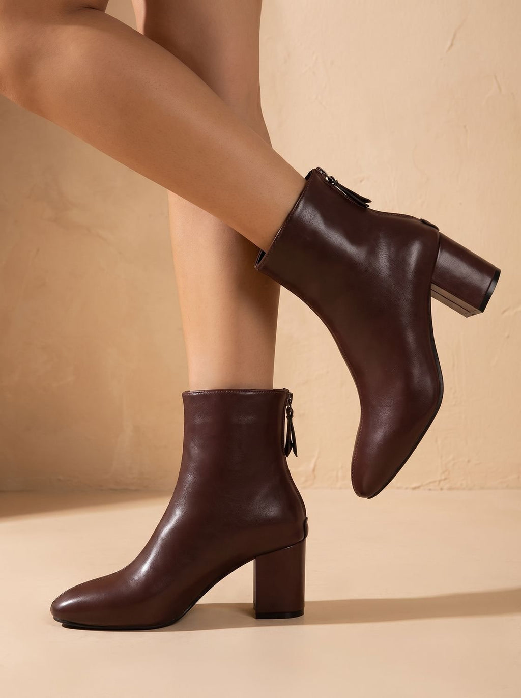 Women's Pointed Toe Faux Leather Ankle Booties with Block Heel