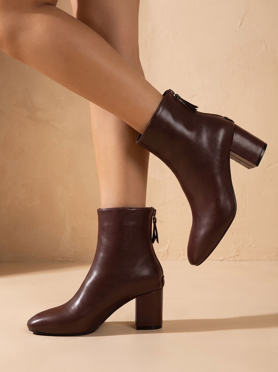 Women's Pointed Toe Faux Leather Ankle Booties with Block Heel